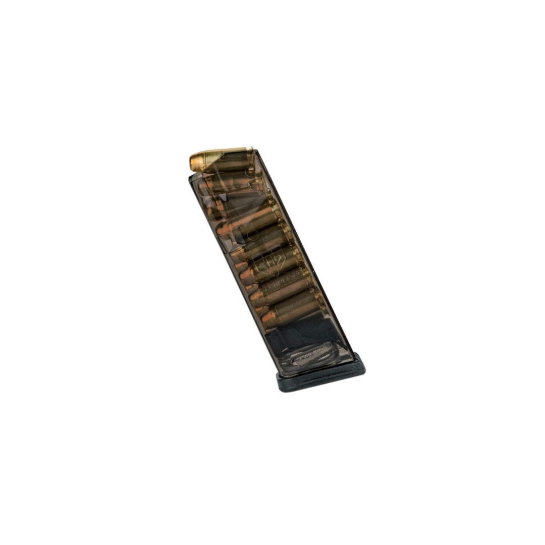 ETS 13-round smoke polymer magazine loaded with .40 S&W for Glock 23