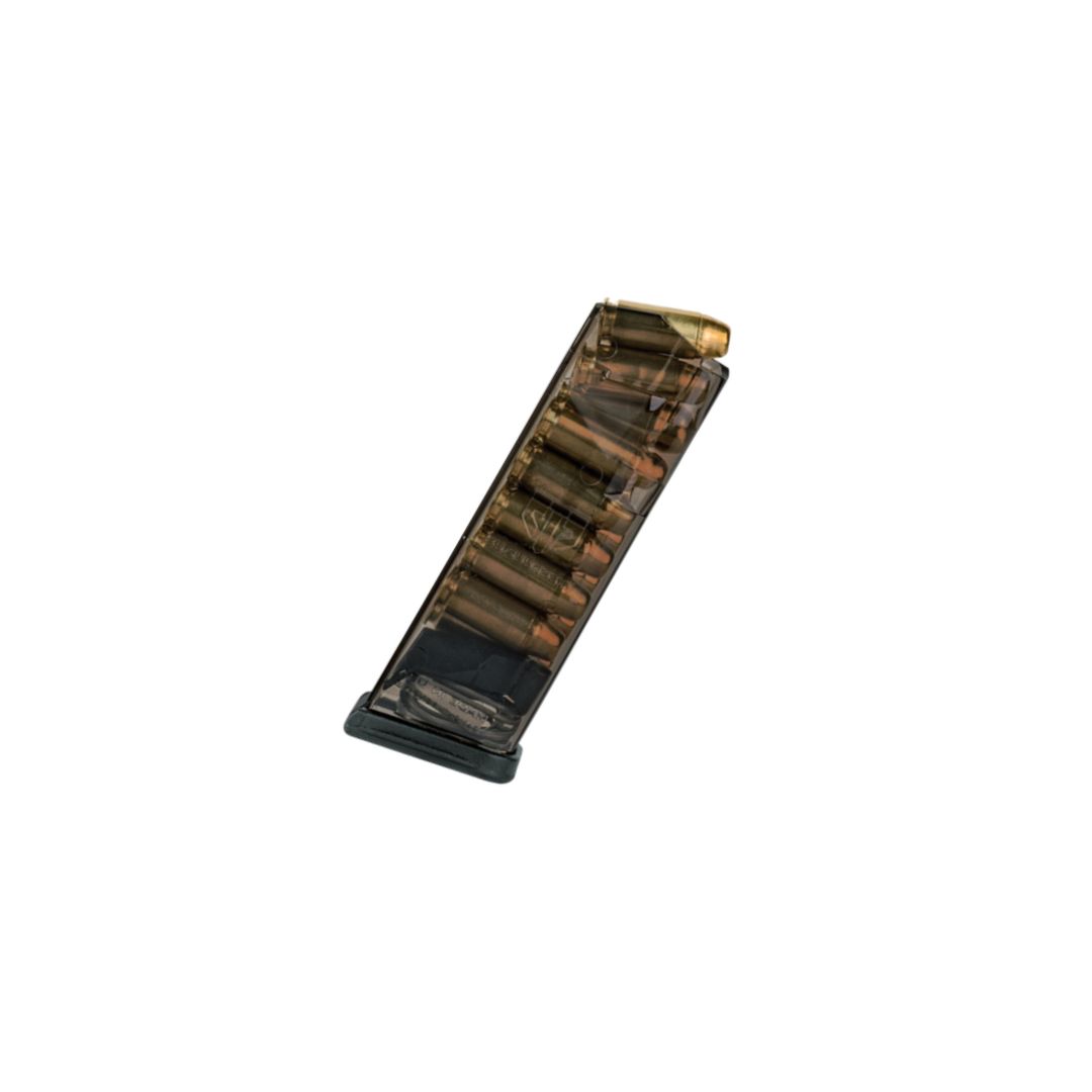13-round ETS smoke polymer magazine loaded with .40 S&W rounds for Glock 23