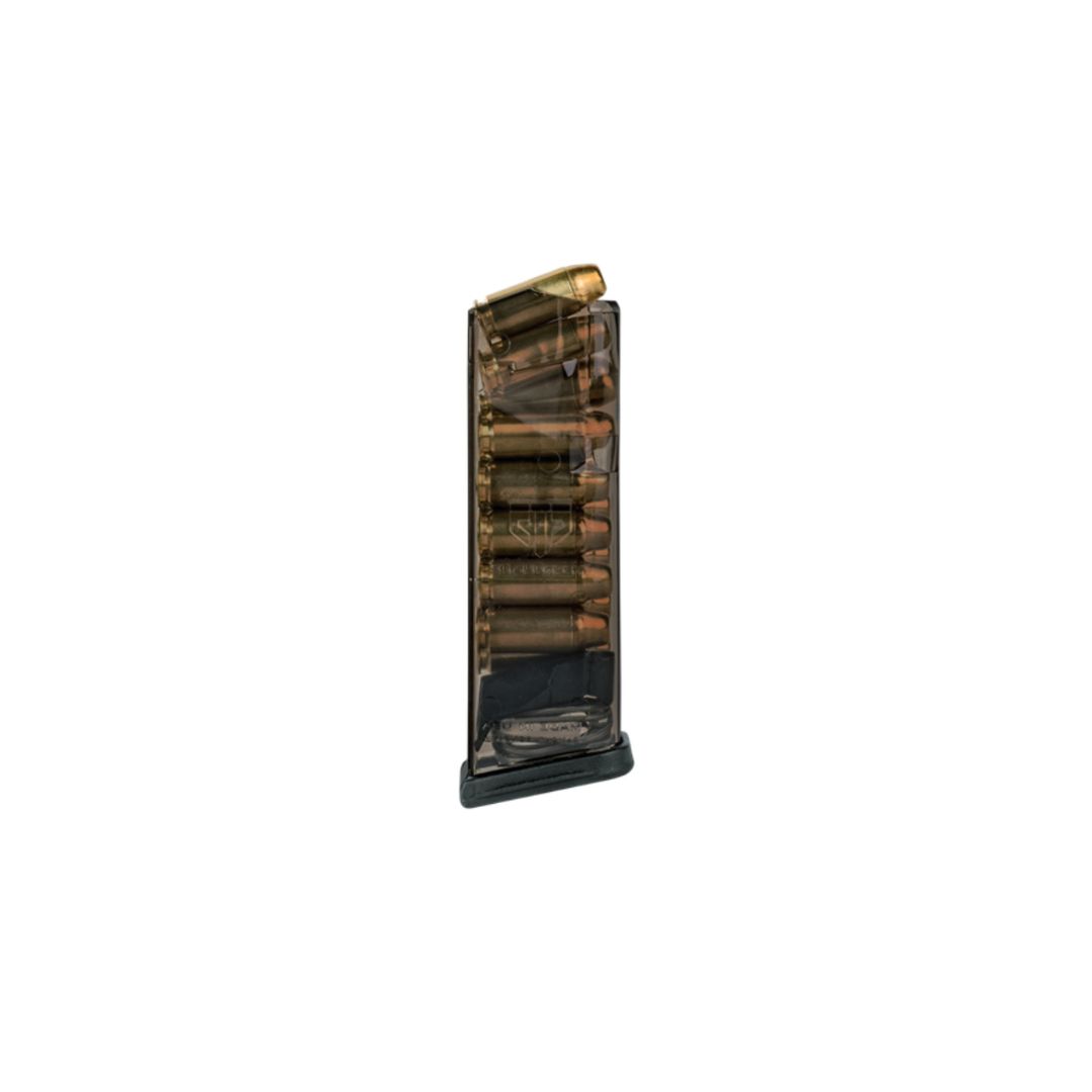 ETS 13-round Glock 23 magazine with .40 S&W rounds in smoke polymer body