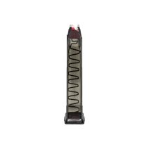 Rear view of ETS 19-Round Smoke Magazine for Glock 22 – .40 S&W – Clear Polymer Construction with Visible Spring