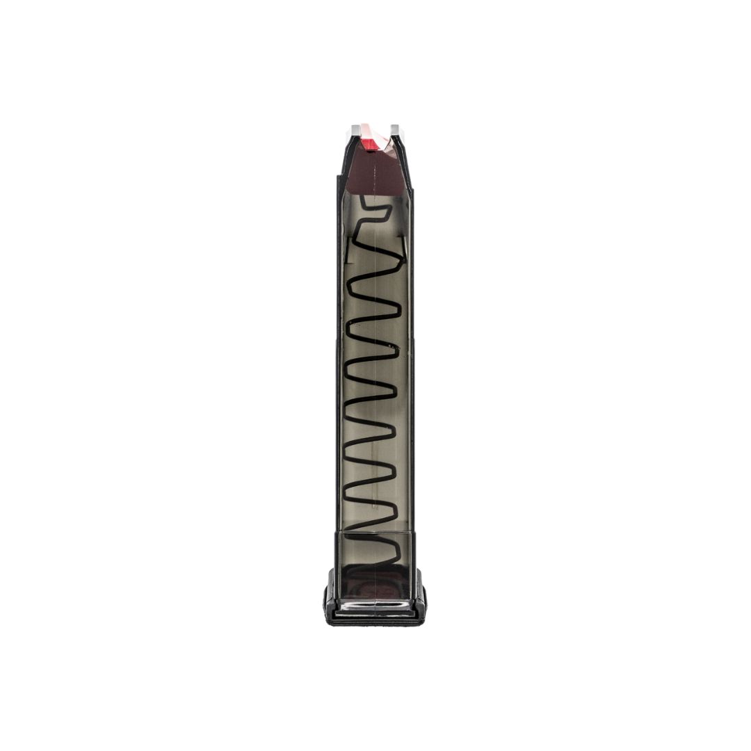 Rear view of ETS 19-Round Smoke Magazine for Glock 22 – .40 S&W – Clear Polymer Construction with Visible Spring