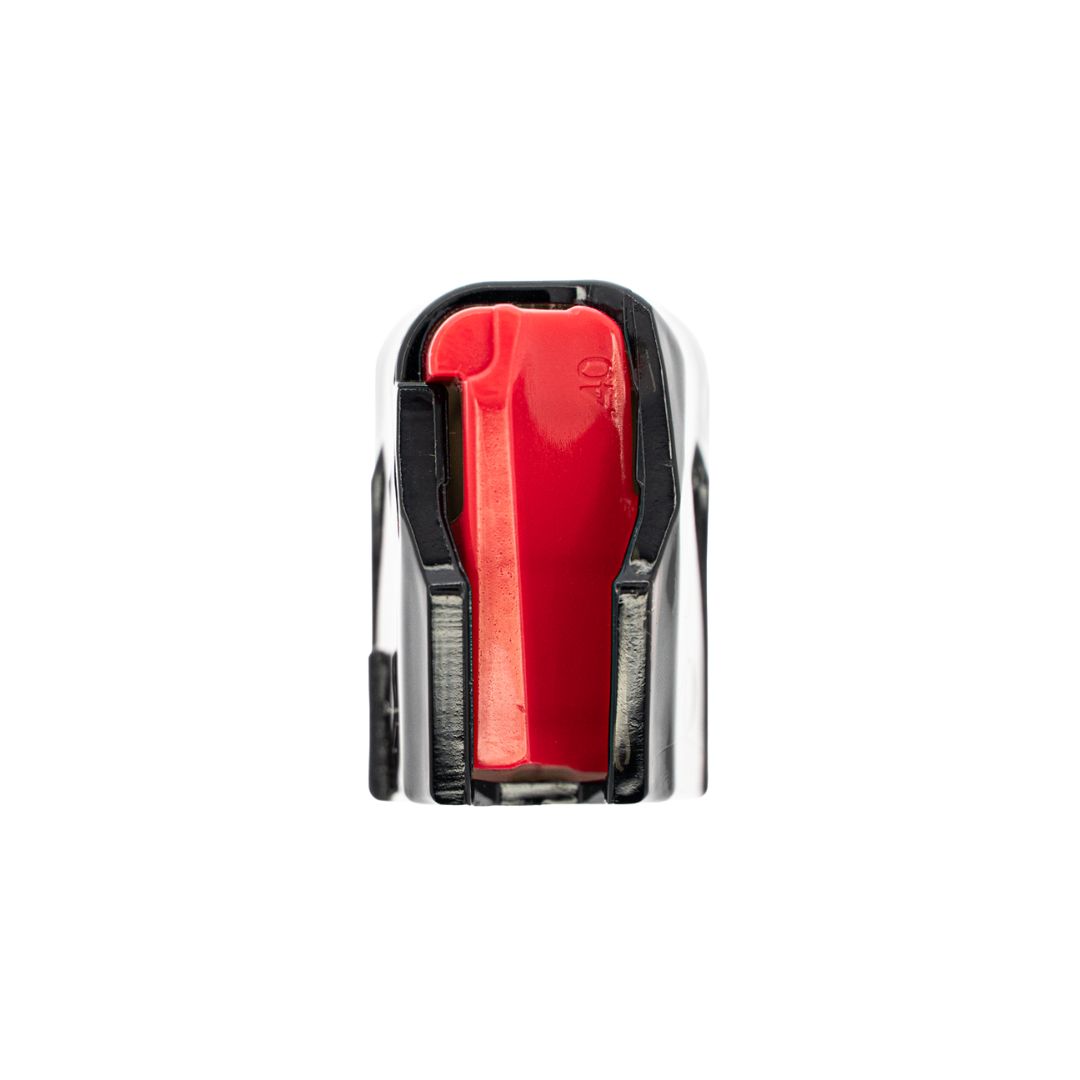 ETS 19-Round .40 S&W Magazine for Glock 22 showing red follower and feed lips in smoke polymer housing