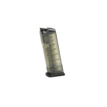 Extended 9-round translucent smoke polymer magazine for Glock 43 by ETS, featuring ergonomic base and visible spring