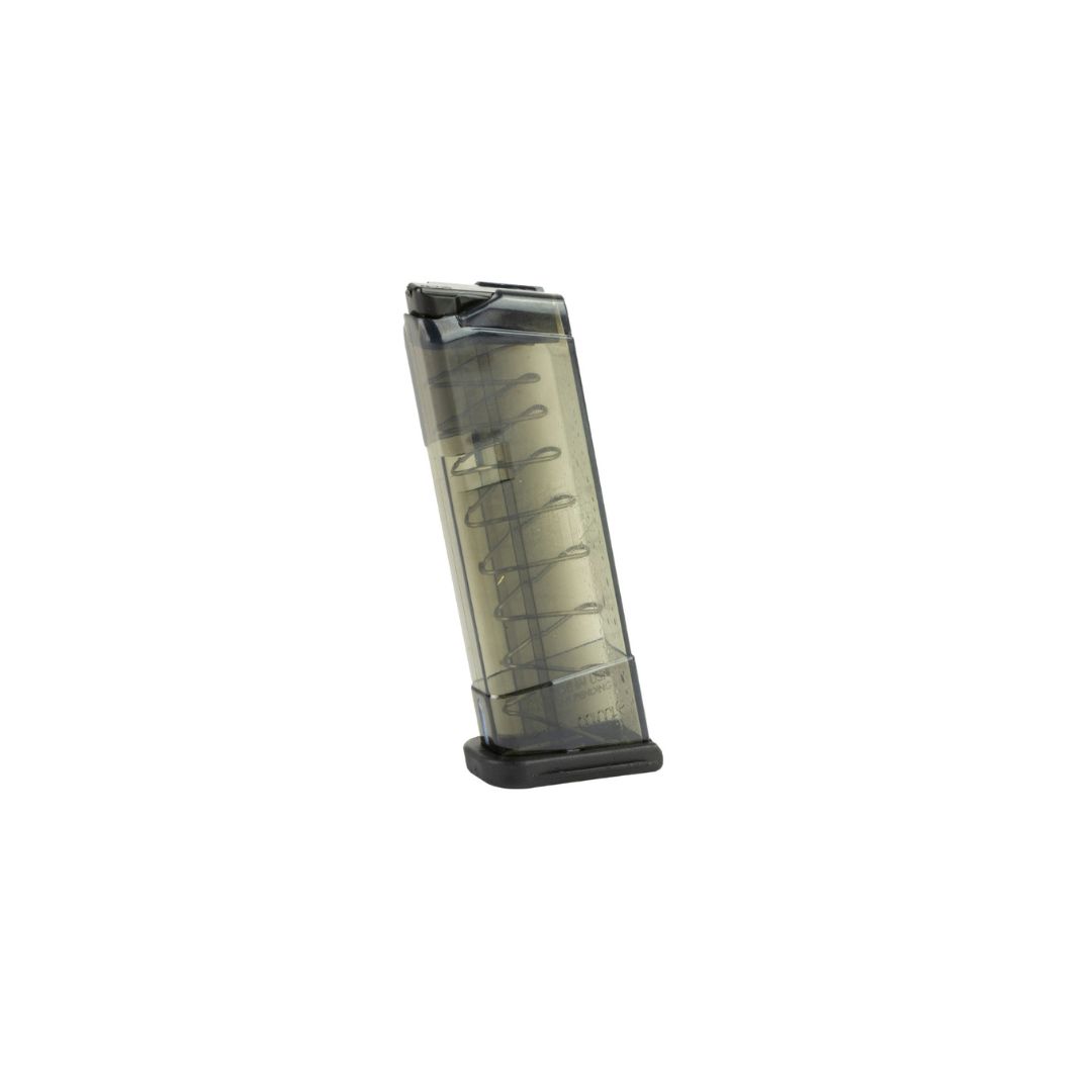 Extended 9-round translucent smoke polymer magazine for Glock 43 by ETS, featuring ergonomic base and visible spring
