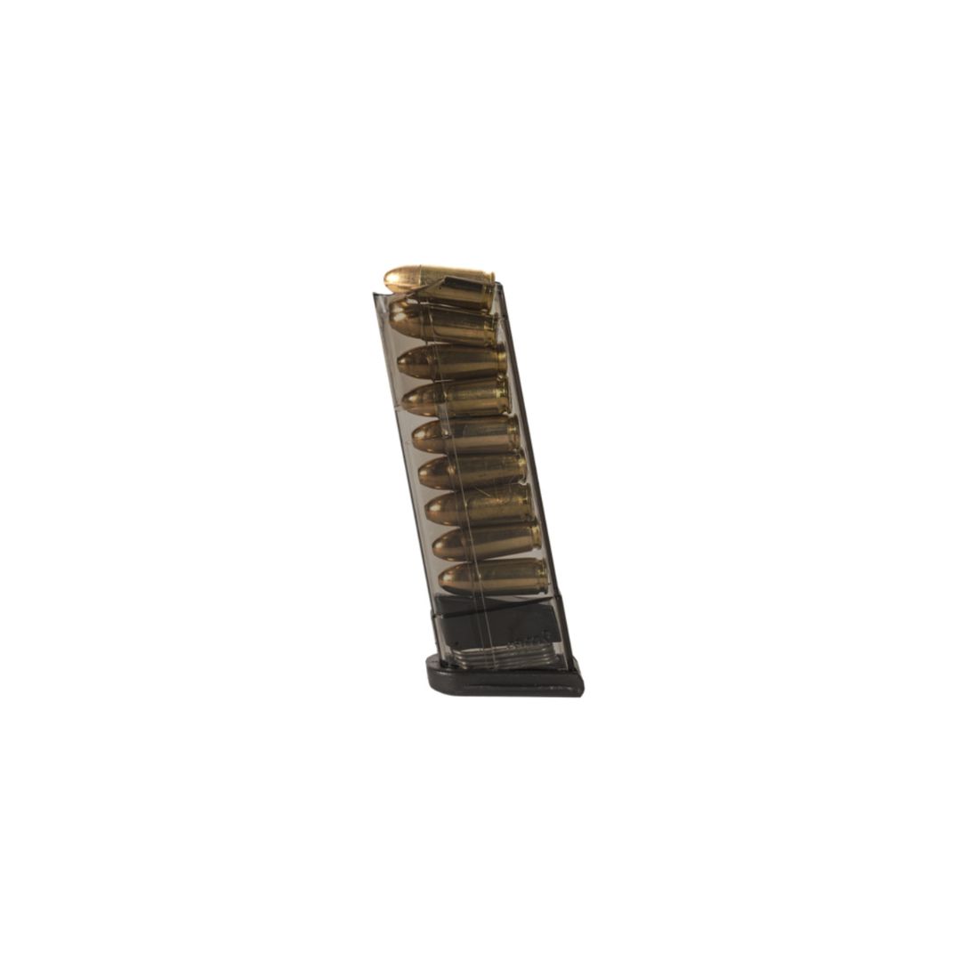 Loaded ETS 9-round extended Glock 43 magazine in translucent smoke polymer with visible 9mm rounds