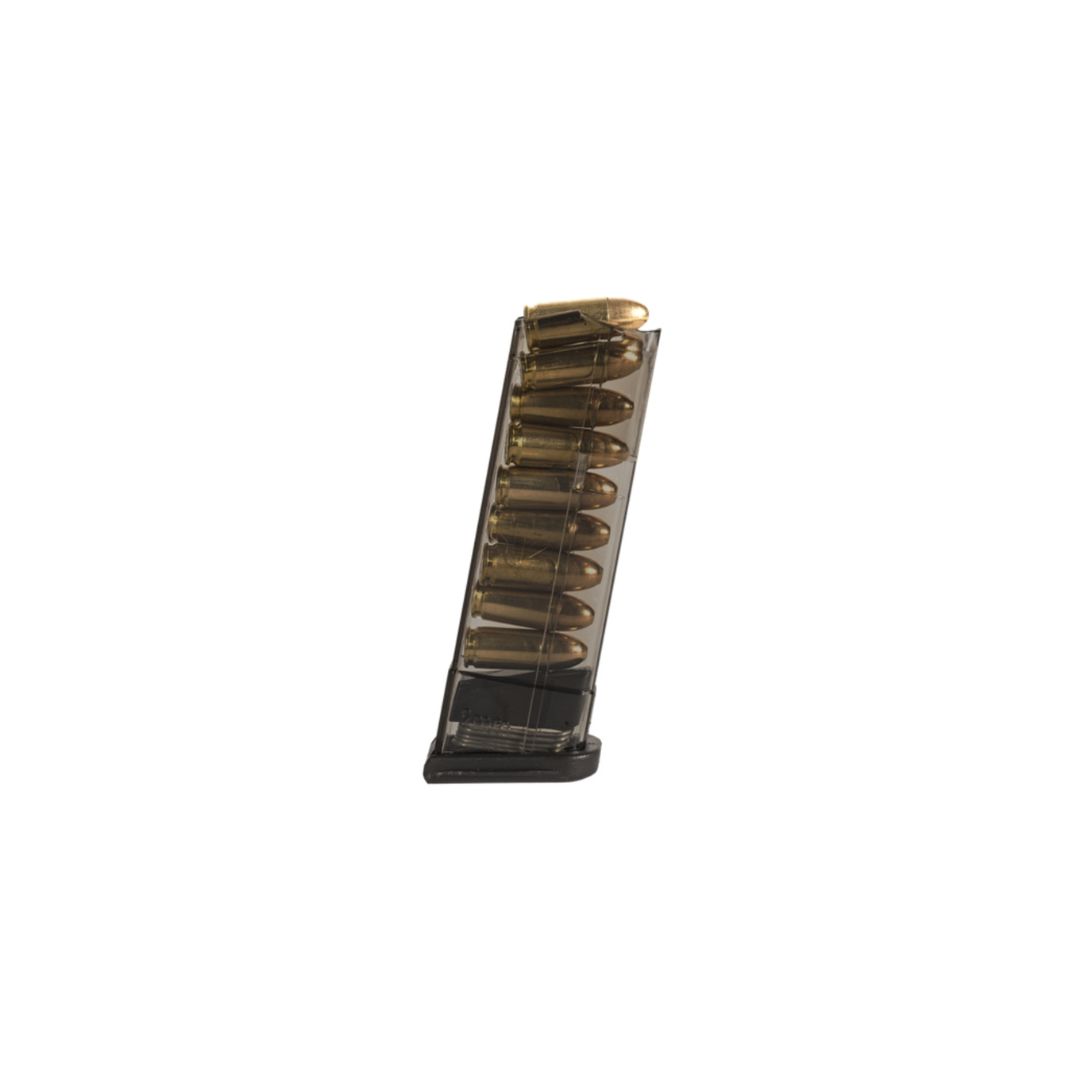 Loaded ETS 9-round extended magazine for Glock 43 in translucent smoke polymer, showing visible 9mm rounds