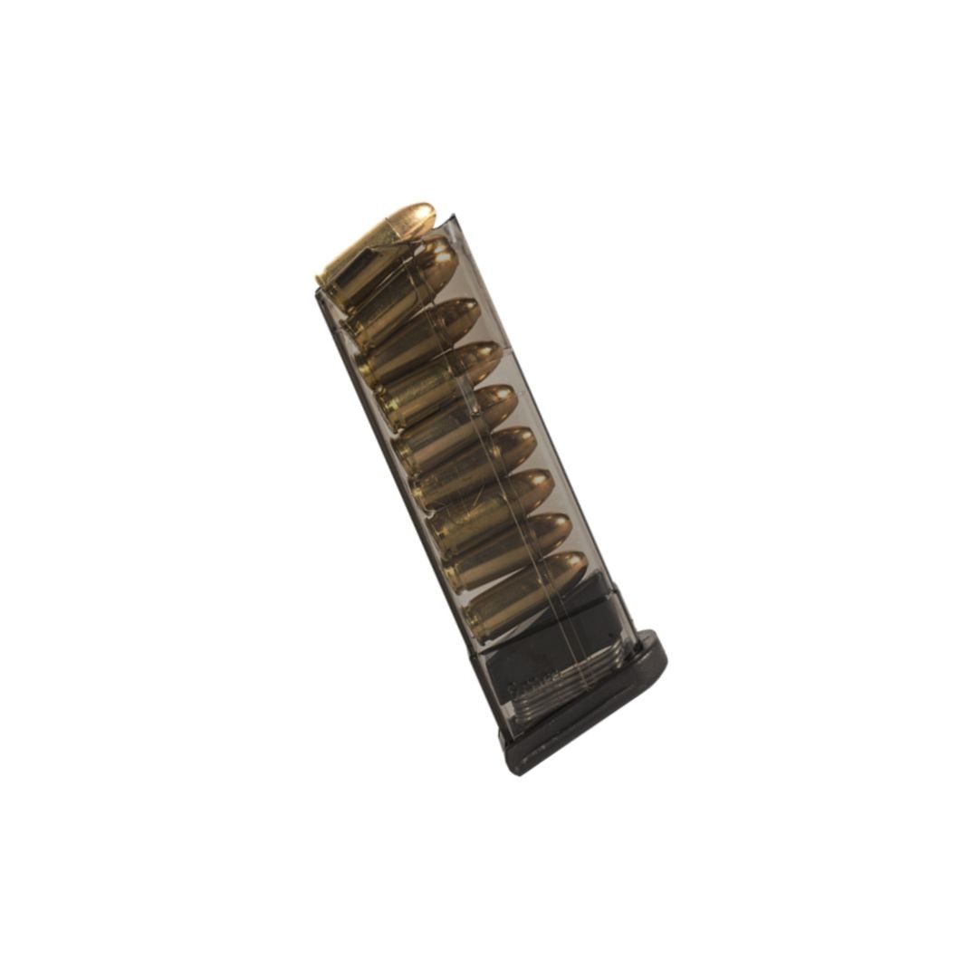 ETS 9-round extended magazine for Glock 43, smoke translucent polymer body loaded with 9mm rounds