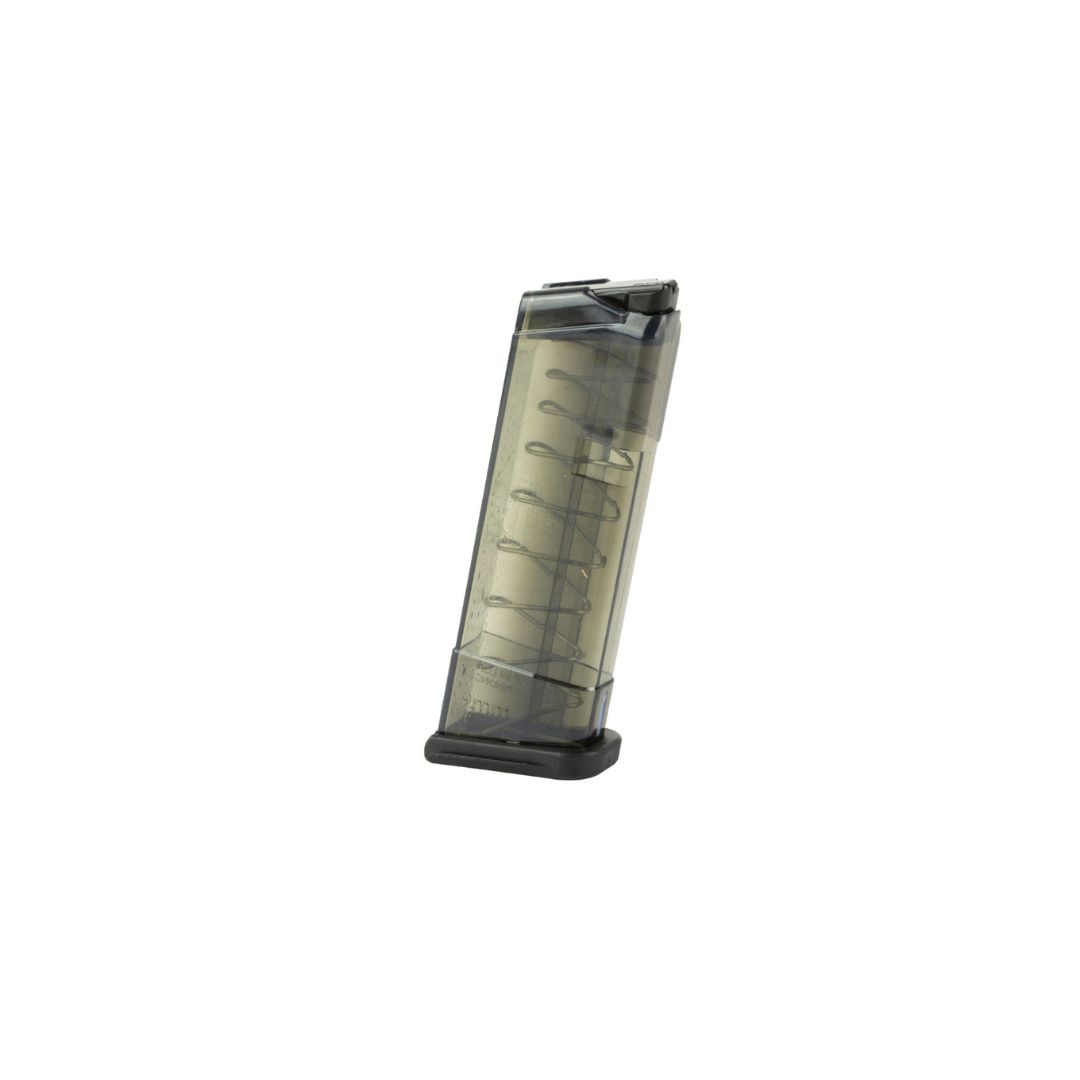 9-round extended smoke polymer pistol magazine for Glock 43 by ETS, featuring translucent body and ergonomic base plate