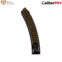 ETS Group 40-round 9mm magazine for CZ Scorpion EVO, featuring a carbon smoke finish and loaded with ammunition.