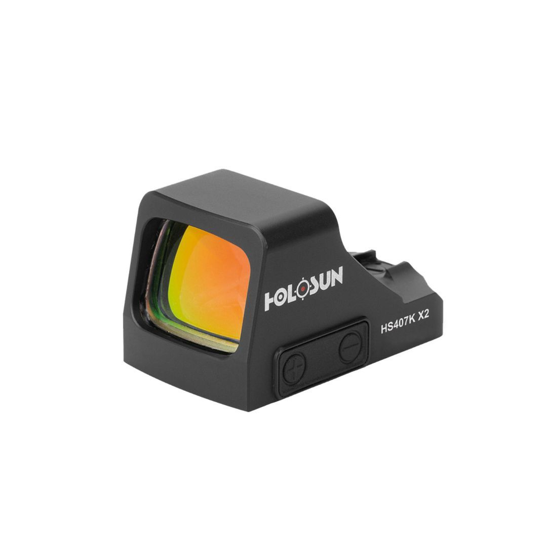Holosun - HS407K-X2 - Reflex Sight 0.58 x 0.77 6 MOA Red Dot Reticle - Black Anodized 2 Holosun HS407K X2 micro red dot sight front angled view on a white background.