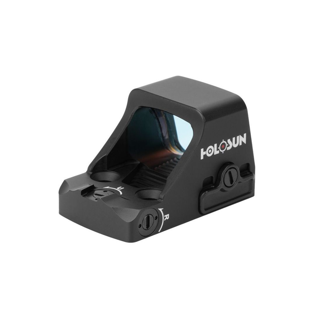 Holosun - HS407K-X2 - Reflex Sight 0.58 x 0.77 6 MOA Red Dot Reticle - Black Anodized 7 Holosun HS407K X2 micro red dot sight front angled view on a white background.