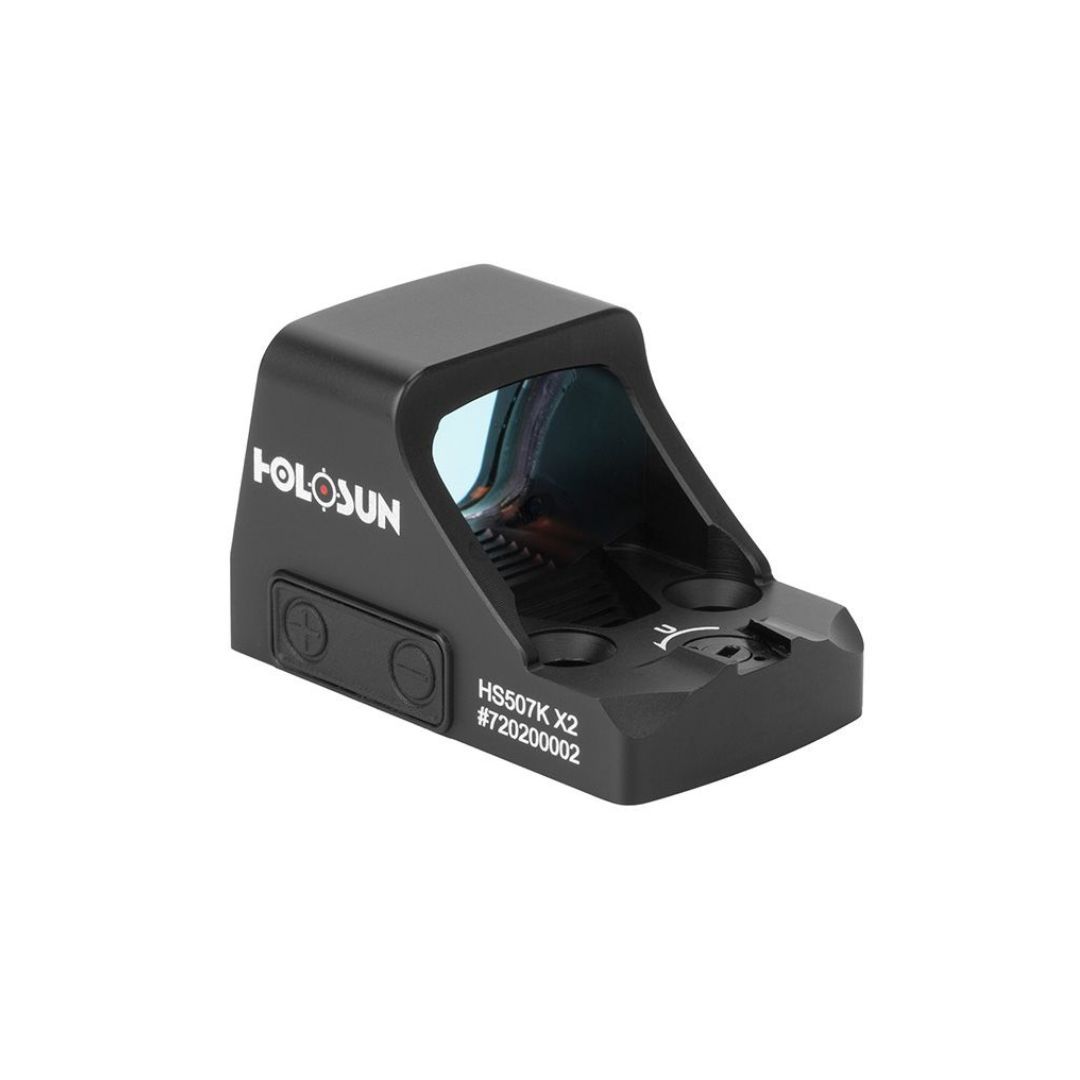 Holosun - HS407K-X2 - Reflex Sight 0.58 x 0.77 6 MOA Red Dot Reticle - Black Anodized 8 Holosun HS407K X2 micro red dot sight front angled view on a white background.