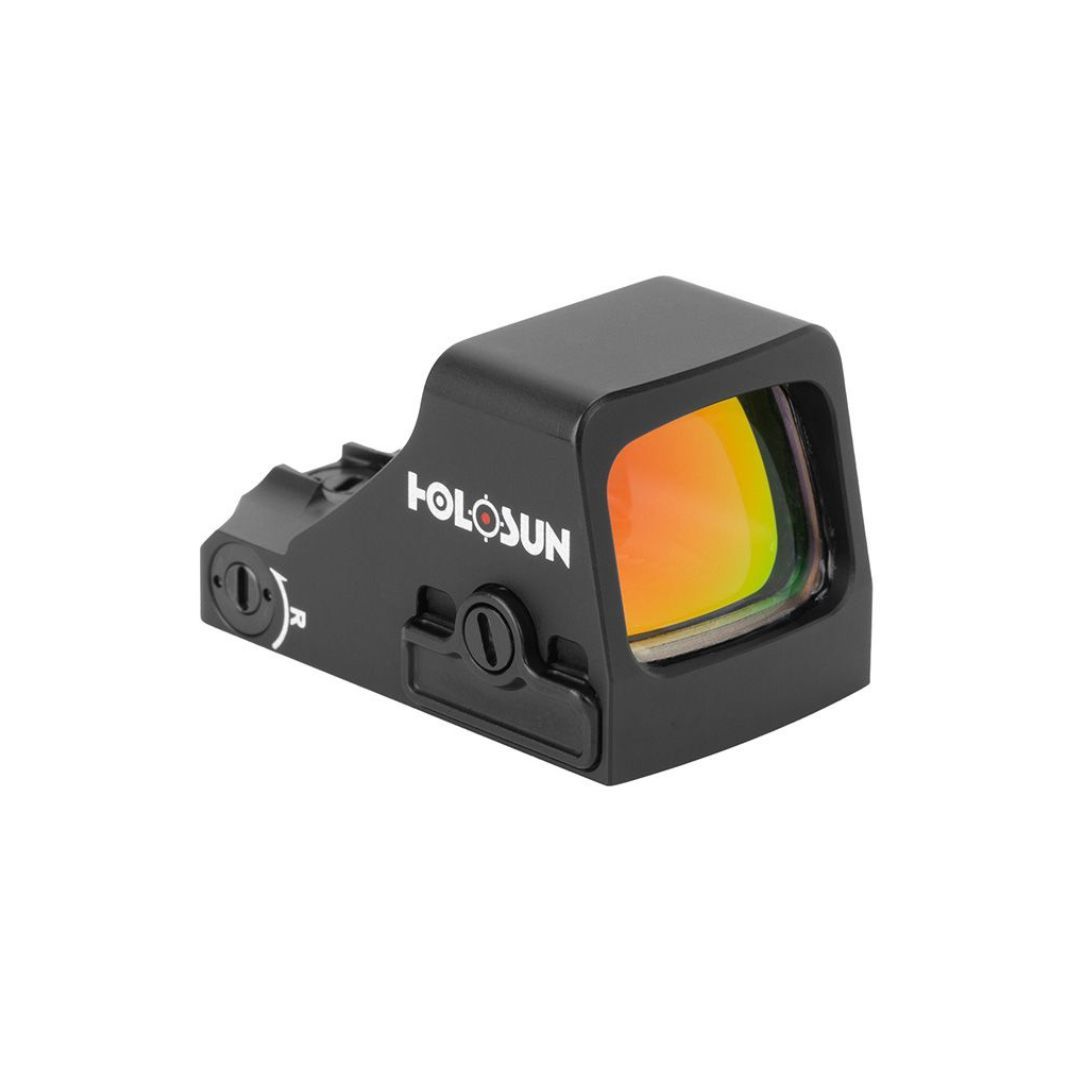Holosun - HS407K-X2 - Reflex Sight 0.58 x 0.77 6 MOA Red Dot Reticle - Black Anodized 3 Holosun HS407K X2 micro red dot sight front angled view on a white background.