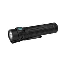 Olight Baton 4 Pro 1600 Lumens matte black rechargeable tactical flashlight featuring knurled grip, pocket clip, and side switch.