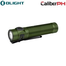 Olight Baton 4 Pro 1600 Lumens Olive Drab Green rechargeable tactical flashlight with knurled grip, side switch, and pocket clip.