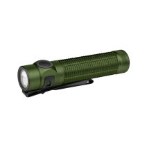 Olight Baton 4 Pro 1600 Lumens Olive Drab Green rechargeable tactical flashlight with knurled grip, side switch, and pocket clip.
