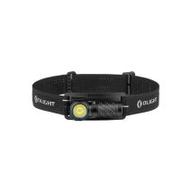 Olight Perun 3 Mini 1250 lumens compact LED headlamp on adjustable black elastic strap, front isolated view.