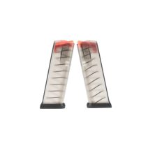Strike Industries 15-round magazine for Glock G19 9mm pistol with a translucent body.