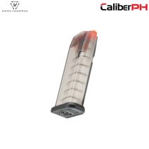 Strike Industries 15-round magazine for Glock G19 9mm pistol with a translucent body.