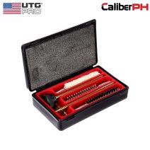 Open view of the UTG pistol cleaning kit showing the red molded interior tray and various copper and nylon cleaning tools.